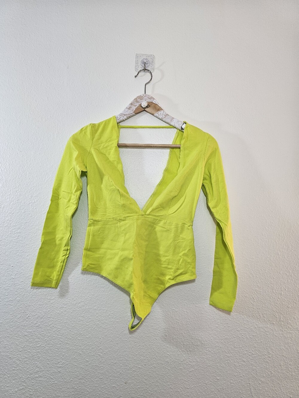 American Apparel Deep Plunge Neon Yellow Long Sleeve Bodysuit Size Small NWOT